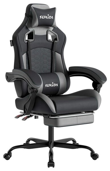 Sedia da gaming sedia da ufficio poltrona gaming - Ergonomica con poggiapiedi - Poggiatesta regolabile - Grigio - Per ufficio domestico e gaming