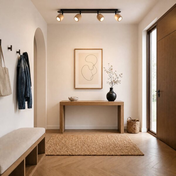 Faretto da soffitto Lindby Sloane, a 4 luci, legno/nero, GU10 Sloane Lindby, dimmerabile, Legno chiaro, Soggiorno / Sala da pranzo, Legno, Moderno, Downlight