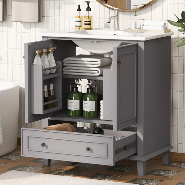 Fortuna Lai 76x46x87cm Mobile da bagno a terra con lavabo, lavandino, gambe in legno massello, verniciatura completa, resistente all'umidità e all'acqua, ampio spazio di stoccaggio, lavabo in Vetroceramica integrato, grigio