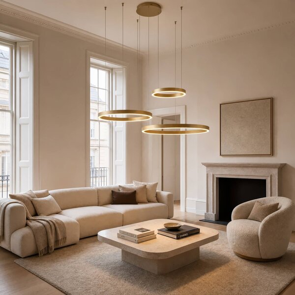 Lampada LED a sospensione Quitani Aureon, oro, Ø 80 cm, dimmerabile, CCT Aureon Quitani, dimmerabile, Ottone / Oro, Soggiorno / Sala da pranzo, Alluminio, Moderno