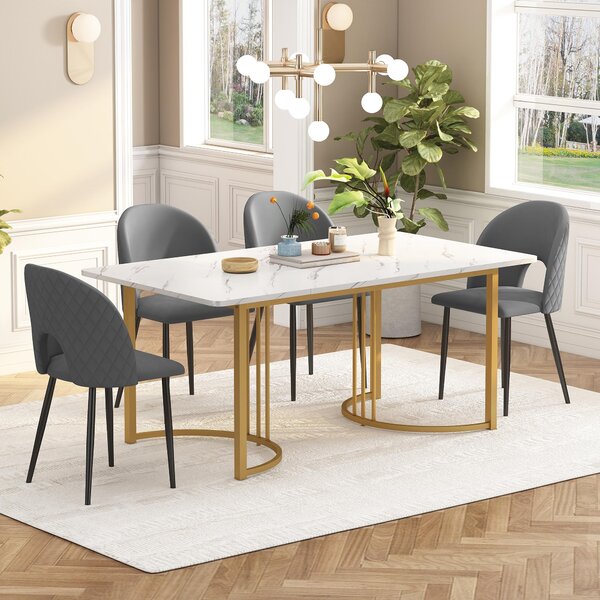 Fortuna Lai, set da pranzo (tavolo da pranzo 140x80 cm con 4 sedie), set moderno per cucina, sedia da pranzo in velluto con motivo a diamante, gambe della sedia regolabili, velluto grigio, piano del tavolo in MDF bianco, gambe del tavolo dorate