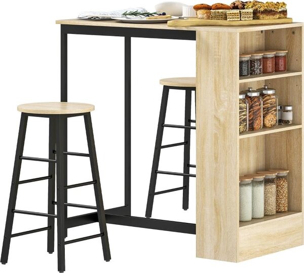 Set tavolo da bar Fortuna Lai con sgabelli, set da 3 pezzi con tavolo da cucina, spazio contenitivo, 2 sgabelli, poggiapiedi, in stile moderno, salvaspazio, per sala da pranzo, cucina, acciaio, rovere