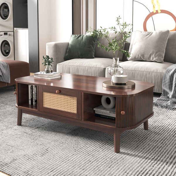 Tavolino 110cm in legno massiccio con ante scorrevoli e vimini in rattan, stile country naturale