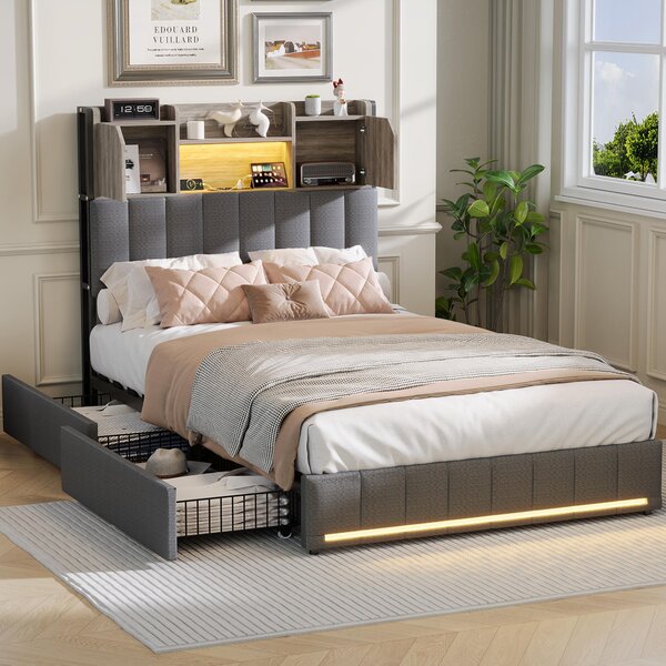 Letto imbottito Fortuna Lai 90x200cm con USB, prese e LED, letto per ragazzi letto singolo con 4 cassetti, letto contenitore letto in legno massiccio con rete a doghe, lino, grigio
