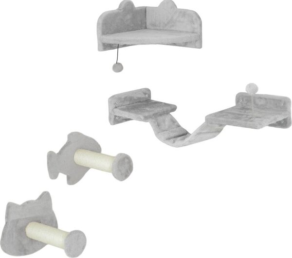 Set di scale per gatti Fortuna Lai, 4 pezzi, mobile tiragraffi con gradini in sisal, doppia piattaforma, grigio chiaro/bianco crema