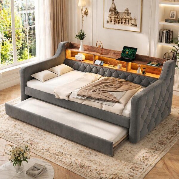 Divano letto 90x190 cm in velluto grigio, con spazio contenitore, illuminazione LED e porta USB-C, ideale come letto aggiuntivo per ospiti o per una camera da letto