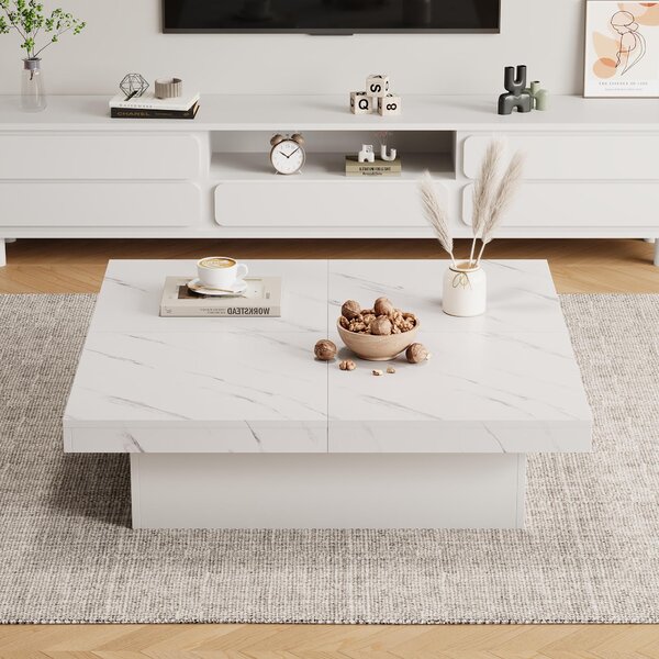 Tavolino quadrato bianco, dimensioni 90x90x25 cm, realizzato in pannello di particelle con finitura effetto marmo, dotato di quattro cassetti e piano scorrevole, ideale per il soggiorno