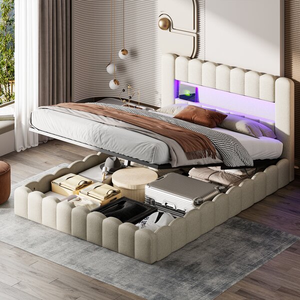 Letto imbottito Fortuna Lai 180x200cm con USB, letto per ragazzi letto matrimoniale con rete a doghe e contenitore, letto contenitore con LED, lino, beige