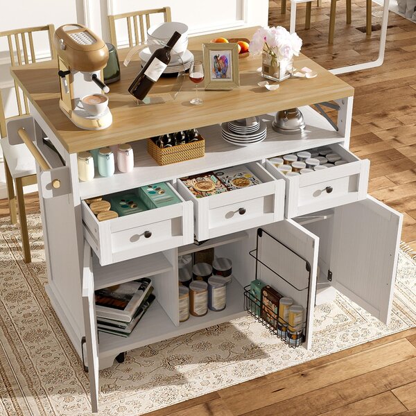 Isola da cucina bianca, dimensioni 118x43-70x98 cm, realizzata in MDF e metallo, con spazio contenitivo, piano di lavoro pieghevole e ruote, ideale per cucina e zona pranzo