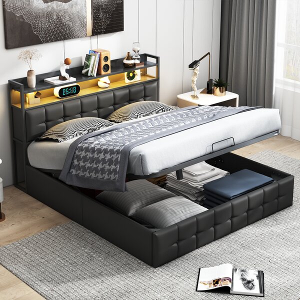 Letto imbottito Fortuna Lai 140x200cm con USB e prese di corrente, letto per ragazzi letto matrimoniale con rete a doghe e contenitore, letto contenitore con LED, Pelle finta, nero