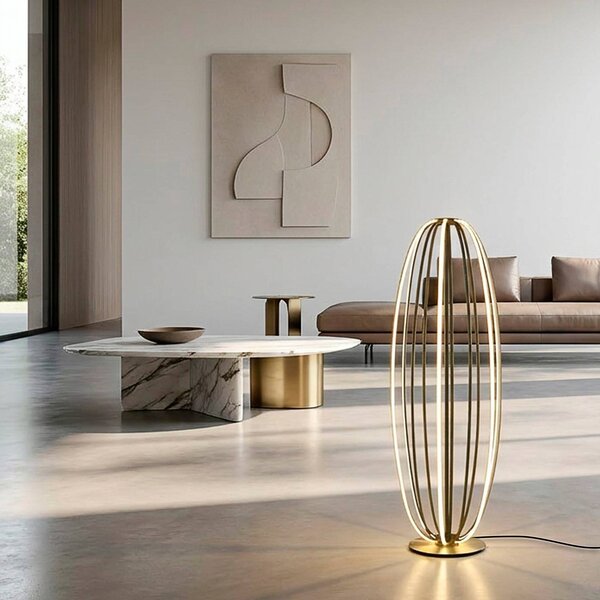 Paul Neuhaus Lampada da terra Elvara, dimmerabile, Bronzo / Ottone antico, Soggiorno / Sala da pranzo, Alluminio, Lampada da terra