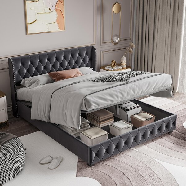 Letto imbottito 140x190 cm con spazio contenitore a sollevamento idraulico, rivestito in velluto, con rete a listelli, testiera Chesterfield, adatto per un materasso matrimoniale (capacità fino a 500 kg), colore grigio, senza materasso