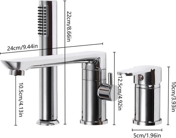 Rubinetteria per vasca - Miscelatore con doccetta - Bocca orientabile a 360° - Tubo flessibile da 60–80 cm - Design moderno - Argento