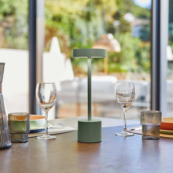 Lumisky Lampada LED da tavolo ricaricabile Roby, verde oliva, altezza 30 cm, IP54 dimmerabile, Verde, Alluminio, Moderno