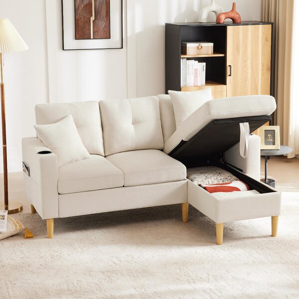 Divano moderno a forma di L Fortuna Lai, divano a 3 posti con chaise longue, vano portaoggetti, portabevande integrato, fornito con 2 cuscini, adatto per soggiorno, ufficio, appartamento, ecc., video disponibile