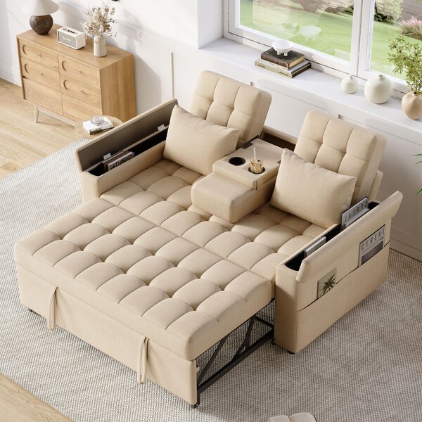 Divano letto a due posti Fortuna Lai, con spazio contenitore e schienale regolabile. Divano con vani portaoggetti integrati nelle braccioli e cuscini. Divano letto versatile, ideale per soggiorno, camera da letto o appartamento. Colore: beige