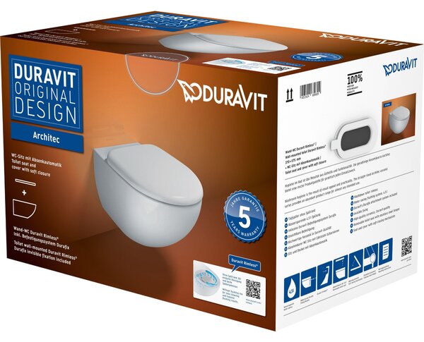 Duravit Architec WC suspendu Rimless Set 457209, rondelle et siège WC inclus, 45720900A1, 45720900A1