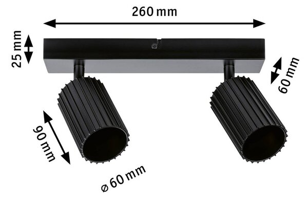 Paulmann Faretto da soffitto Lirena, nero opaco, lunghezza 26 cm, 2 luci. dimmerabile, Nero, Soggiorno / Sala da pranzo, Metallo, Moderno, Faretto alogeno