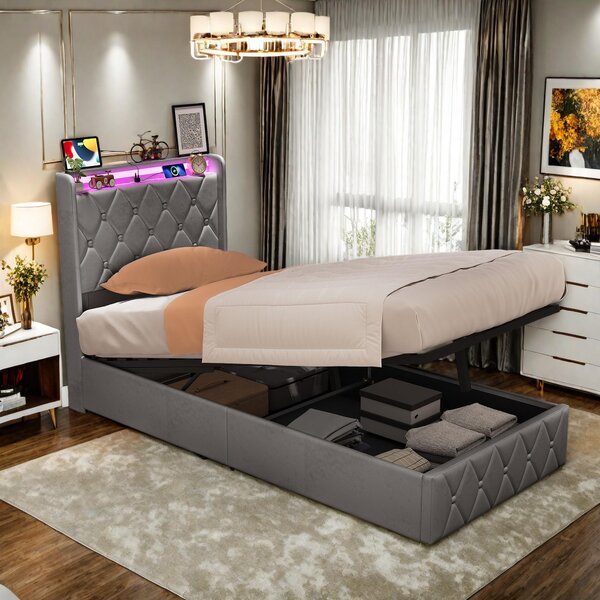 Letto imbottito REMZETTA, 90 x 200 cm, letto singolo con contenitore e meccanismo di sollevamento idraulico, testiera imbottita, tessuto velluto, colore grigio