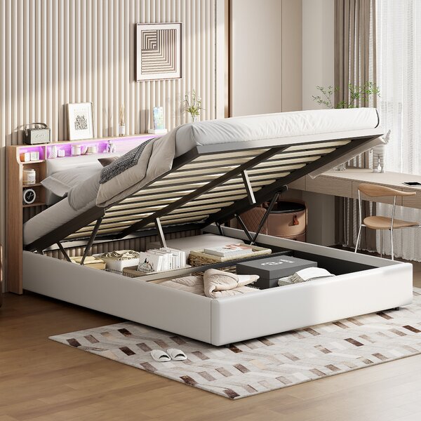 Letto imbottito Fortuna Lai 160x200cm matrimoniale con e Led, letto a molle idrauliche con rete a doghe e testiera, letto contenitore letto funzionale in ecopelle, bianco