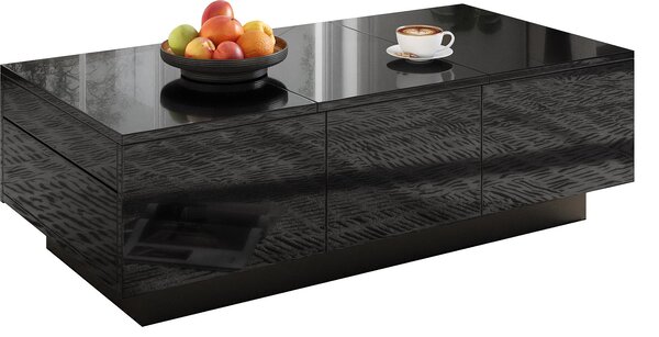 Fortuna Lai Tavolino moderno nero lucido con cassetti e ripiano scorrevole – Tavolino rettangolare per soggiorno con ampio spazio contenitivo, design elegante e superficie facile da pulire