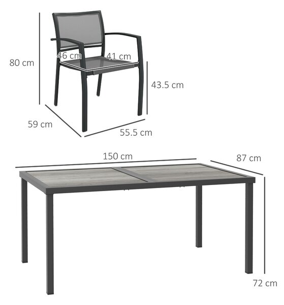 Outsunny Set da Giardino con 6 Sedie Impilabili in Tessuto a Rete e Tavolo Effetto Legno, Grigio