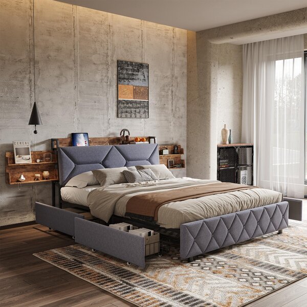 Letto imbottito 160x200 cm, letto contenitore con 4 ampi cassetti, letto matrimoniale con connessioni USB e Type-C, testiera contenitore con poggiatesta ergonomico, letto per ragazzi letto per adulti, grigio
