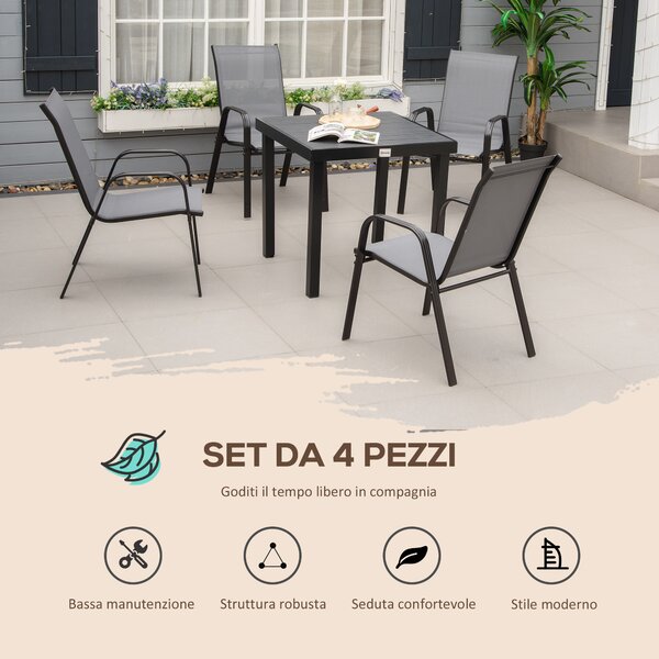 Outsunny Set 4 Sedie da Giardino Impilabili e Salvaspazio con Braccioli in Metallo e Tessuto a Rete, Grigio|Aosom