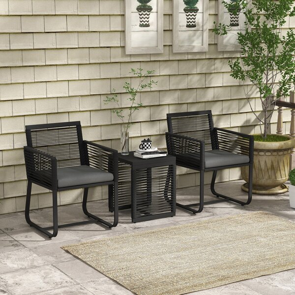 Outsunny Set da Giardino in Rattan con 2 Poltroncine con Cuscini e Tavolino da Caffè in Vetro, Nero|Aosom