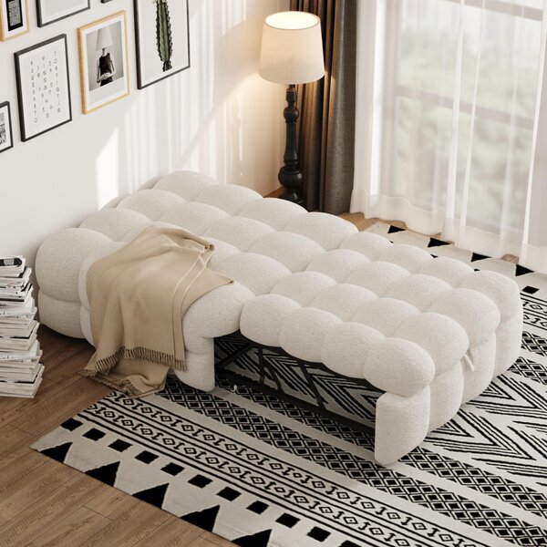 Fortuna Lai Letto imbottito, poggiapiedi 2 in 1, divano letto estraibile, letto singolo, letto imbottito, tessuto Teddy, beige