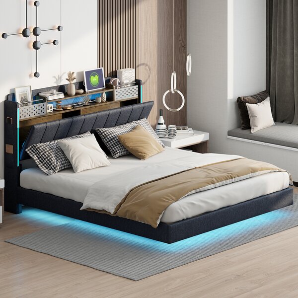 Letto imbottito Fortuna Lai 140x200cm matrimoniale con USB e Led, letto galleggiante con rete a doghe e testiera, letto contenitore, letto funzionale, lino, grigio