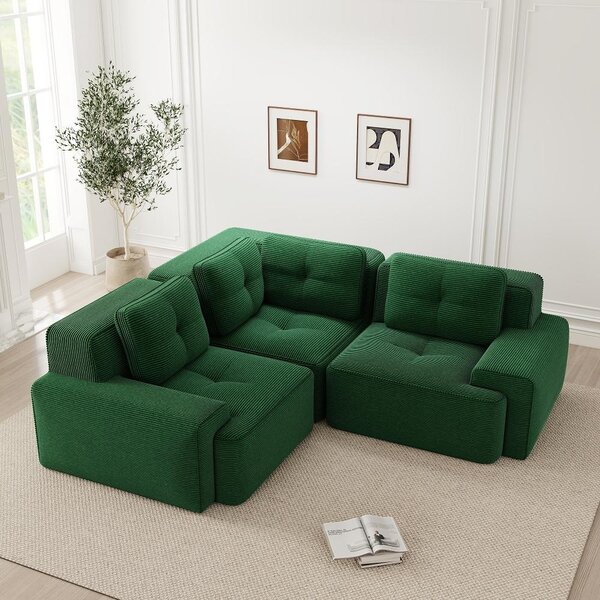 Divano senza cornice, verde, divano a 3 posti con seduta profonda, rivestito in tessuto corduroy, divano angolare modulare con base antiscivolo, senza necessità di montaggio, dimensioni 206x206 cm