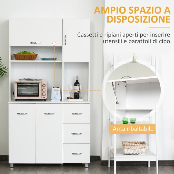 HOMCOM Credenza da Cucina Moderna con Cassetti, Armadietti e Ripiani Aperti, 100x39.5x183.5cm, Bianco|Aosom
