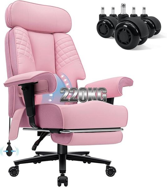 Sedia da ufficio ergonomica per l'home office, sedia da computer con poggiapiedi, poltrona in ecopelle per ufficio con supporto lombare gonfiabile, braccioli e poggiatesta regolabili in altezza, colore rosa