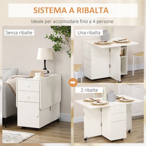 HOMCOM Tavolo da Cucina a Ribalta con 2 Cassetti e Armadietto ad Ante, in Truciolato, 120x80x75 cm, Bianco