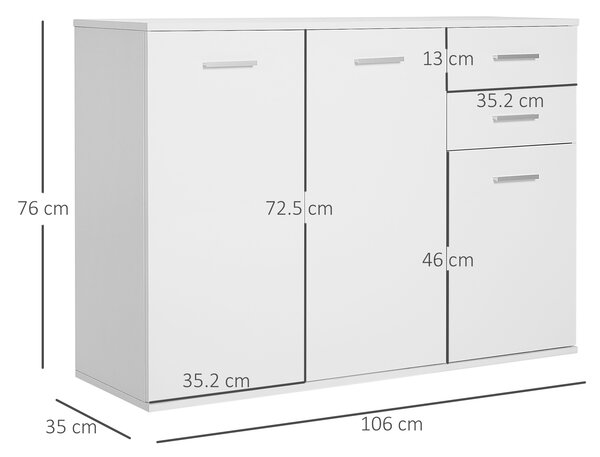 Homcom Armadietto Mobiletto cucina Mobili Soggiorno Mobiletto Multiuso con 3 Ante e 2 Cassetti in Legno Truciolato, Bianco|Aosom