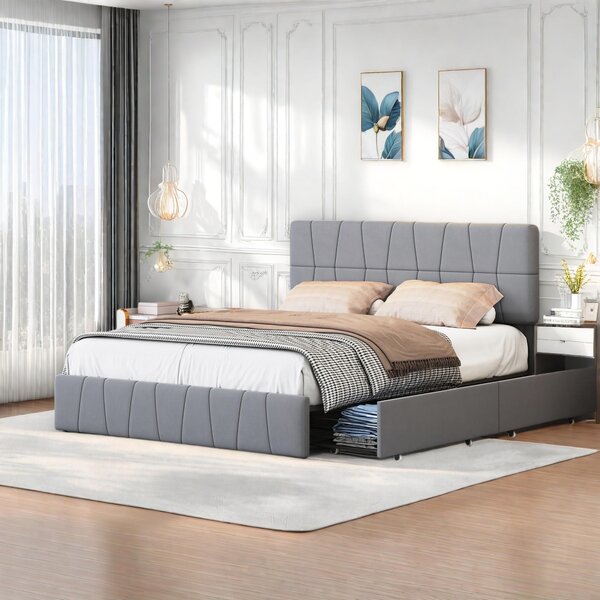 Letto imbottito Fortuna Lai 160x200cm con 4 cassetti e rete a doghe, letto contenitore letto funzionale letto matrimoniale in legno, velluto, grigio