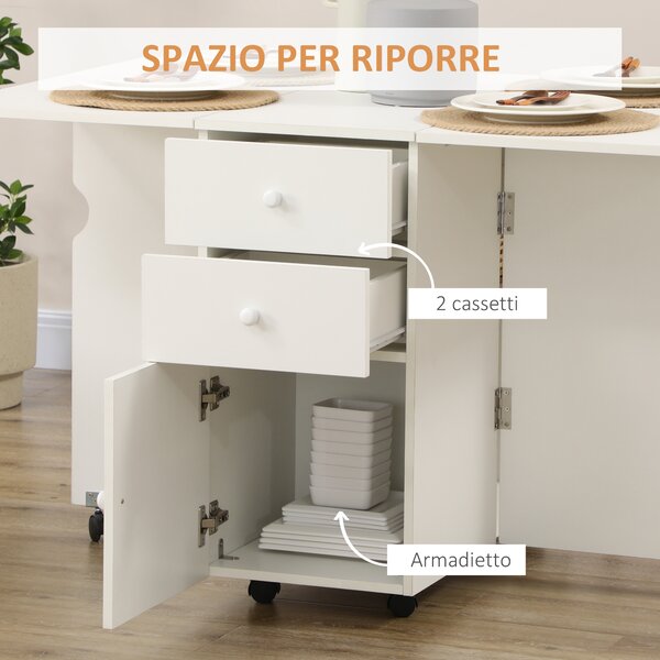 HOMCOM Tavolo da Cucina a Ribalta con 2 Cassetti e Armadietto ad Ante, in Truciolato, 120x80x75 cm, Bianco