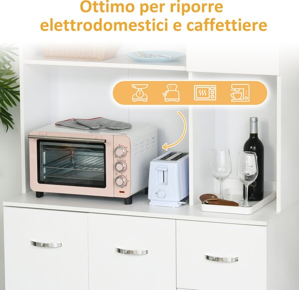 HOMCOM Credenza da Cucina Moderna con Cassetti, Armadietti e Ripiani Aperti, 100x39.5x183.5cm, Bianco|Aosom