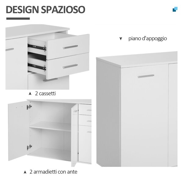 Homcom Armadietto Mobiletto cucina Mobili Soggiorno Mobiletto Multiuso con 3 Ante e 2 Cassetti in Legno Truciolato, Bianco|Aosom