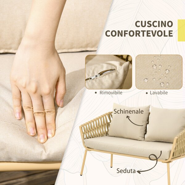 Outsunny Salotto da Esterno con Divano 2 Posti, 2 Poltrone con Cuscini e Tavolino in Vetro|Aosom