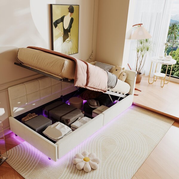 Fortuna Lai divano letto imbottito 90x200 con prese USB e contenitore idraulico, letti 90x200 con LED e rete a doghe, letto per ragazzi, letto per ospiti, velluto, beige (senza materasso)