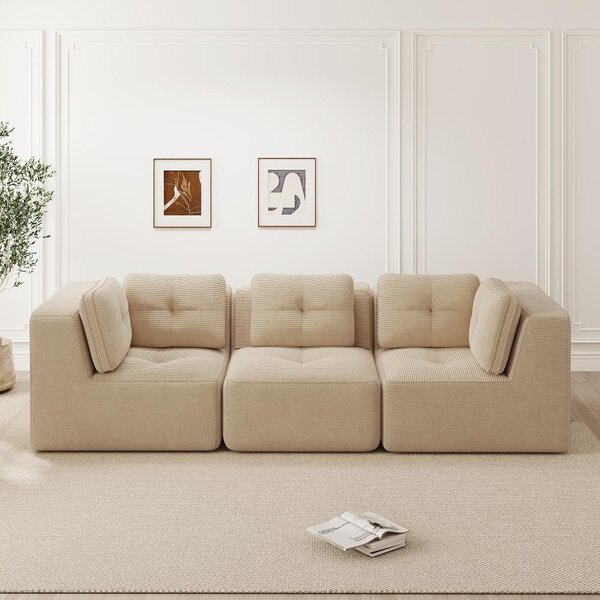 Divano angolare senza cornice, modulare, con rivestimento in corda, composto da 3 posti, colore beige, larghezza 297 cm, seduta profonda, non richiede montaggio