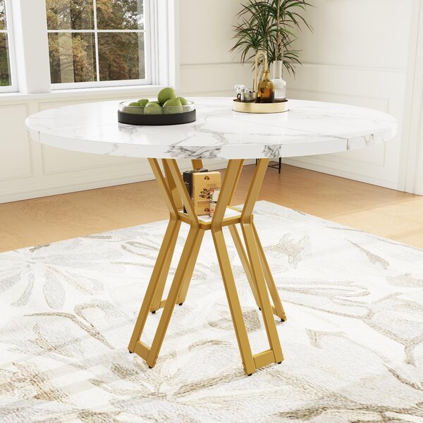 Tavolo da pranzo rotondo Fortuna Lai (100 x 100 x 76 cm), tavolo rotondo leggero e lussuoso per 4-6 persone, adatto per sala da pranzo e soggiorno, gambe dorate, piano in MDF marmorizzato