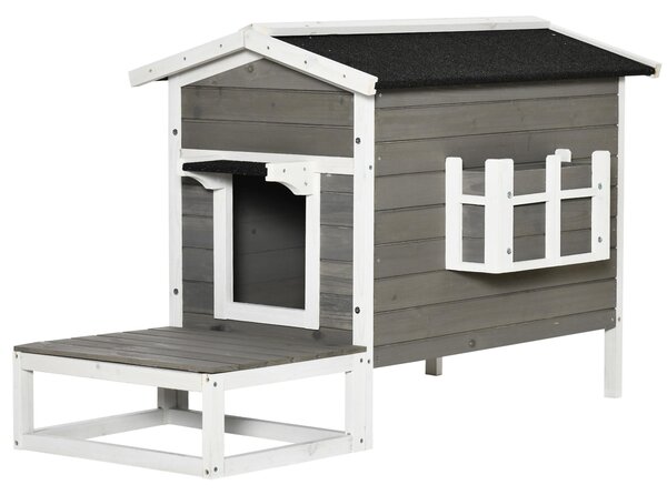 Fortuna Lai Casa per gatti con terrazza e balcone per gatti e cani, legno di abete grigio e bianco, 115 x 66,5 x 74,7 cm