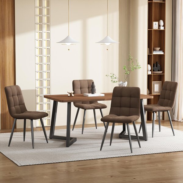 Fortuna Lai, set da pranzo (5 pezzi), tavolo da pranzo con 4 sedie, set moderno per cucina, tavolo da cucina in legno con gambe in metallo nero, piano del tavolo in MDF color noce, sedie da pranzo in velluto marrone