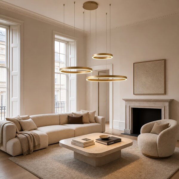 Lampada a sospensione Quitani, Aureon, dimmerabile, Dorato / Ottone, Soggiorno, Alluminio, Moderno