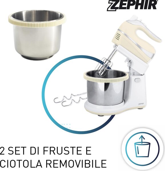 Zephir Sbattitore elettrico Mixer con Ciotola Acciaio Potenza 500 watt colore Crema - ZHC467C