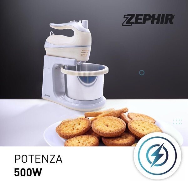 Zephir Sbattitore elettrico Mixer con Ciotola Acciaio Potenza 500 watt colore Crema - ZHC467C