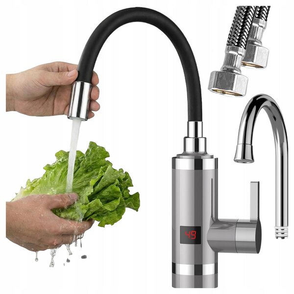 Rubinetto da cucina Vayox con scaldacqua istantaneo VA0321, display a LED, bocca flessibile, 3000 W, 50°, grigio